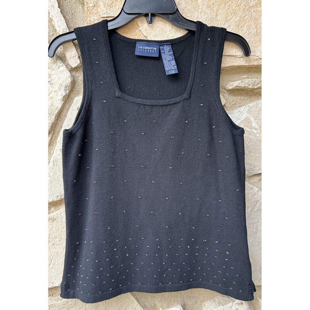 Liz Claiborne Tank Top XS S Black Beaded Knit Sleeveless Holiday Excellent